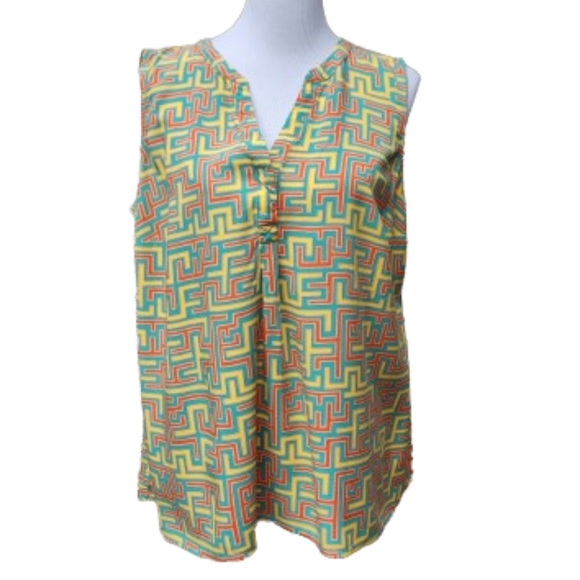 Crown & Ivy Plus Maze Geo-Print Blouse Bright Sleeveless V-Neck Yellow Red Blue - Picture 1 of 10